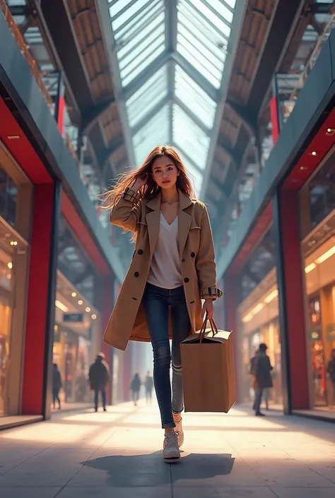 A girl shopping with a large package, under the maroon and black tsil of the presentation