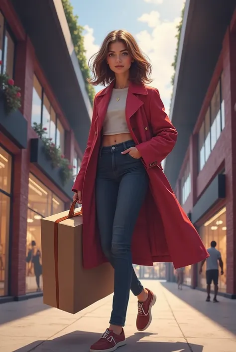 A girl shopping with a large package, under the maroon and black tsil of the presentation