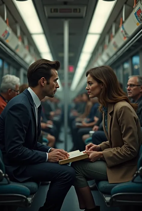 generate an 3d image about the man wanted to find a seat at the train while her ex is seating at the other side seat of the tra...