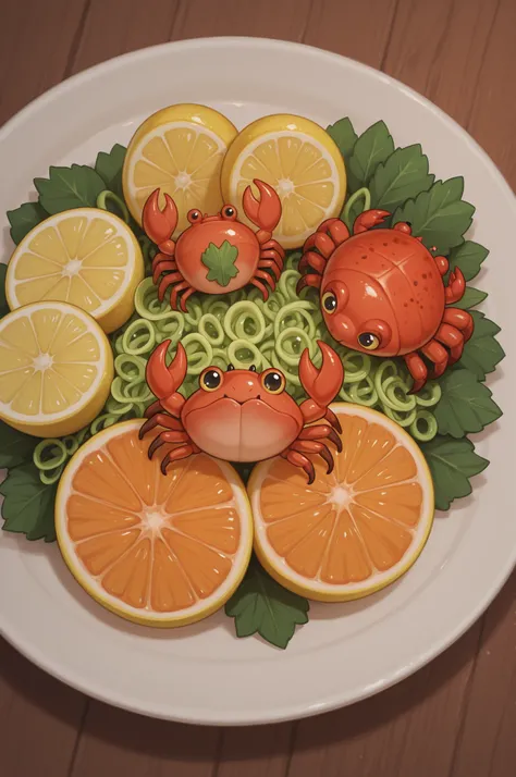 Sebastian from the little Mermaid, Red crab on a plate with vegetables, lemon wedges, cartoon, disney style