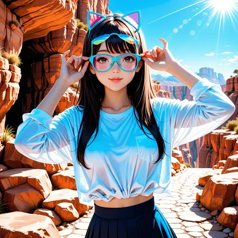 high school girl、Wear flashy glasses、loose shirt、sexy pose taken in a canyon、