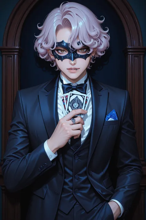 Young boy, light blue and curly hair, brown eyes, lip ring, vampire/fangs.anime-style, Digital Art, illustration, vibrant colors...