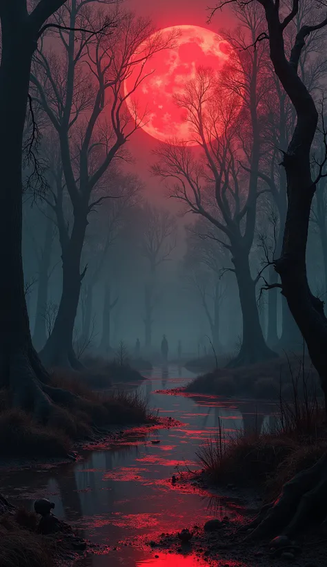 In the heart of the Blood Moon Swamp, a haunting landscape unfolds beneath the eerie glow of a crimson moon, casting a surreal l...