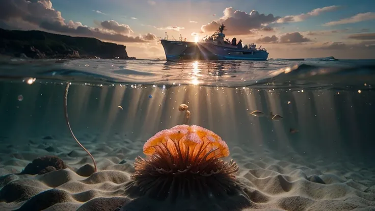 A dreamy underwater scene in 2D style, with a soft pink color palette dominating the ocean floor. Gentle sunlight beams filter t...