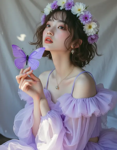 8k, masterpiece, best quality, young woman, oblique shot, porcelain white skin, dramatic perspective. dreamy fashion style,light...