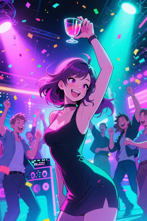 High-energy anime party scene, woman confidently smiling in glowing spotlight, club-style colorful lighting (purple, neon pink, ...