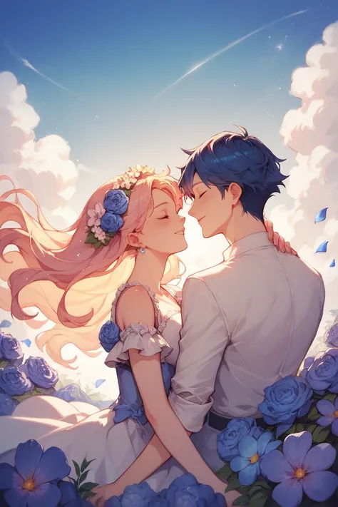 couple anime romance, flowers, sky, couple anime, galaxy