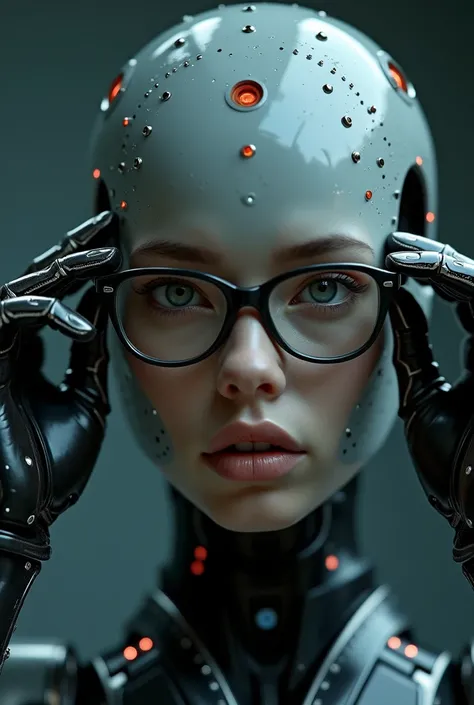 Hyperrealistic portrait of a female android removing her eyeglasses in a gesture of rejection or liberation. Her gaze is icy, he...