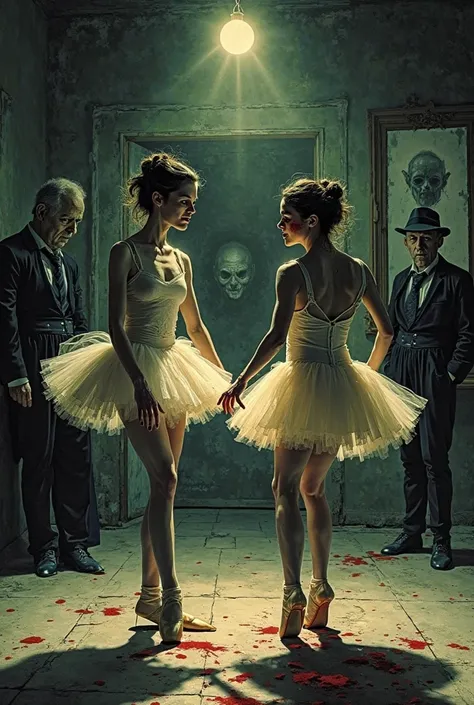 "Horror comic film scene: Two ballet dancers with torn and bloodstained tutus performing a disturbing and unnatural dance in the...