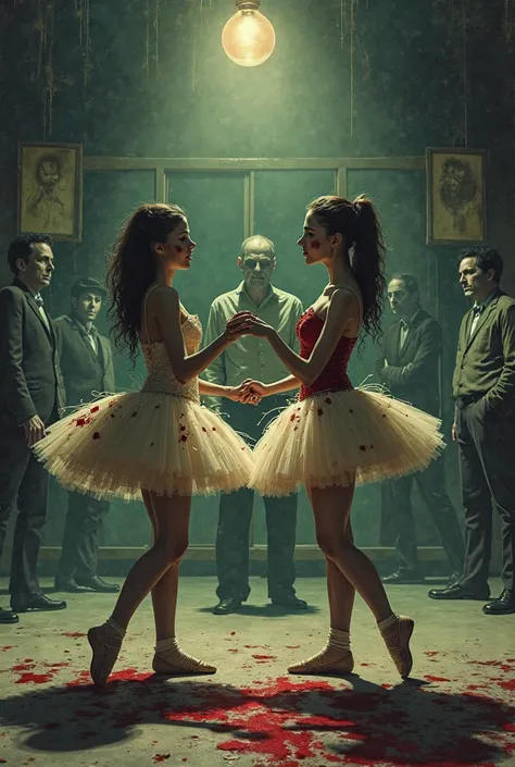 "Horror comic film scene: Two ballet dancers with torn and bloodstained tutus performing a disturbing and unnatural dance in the...