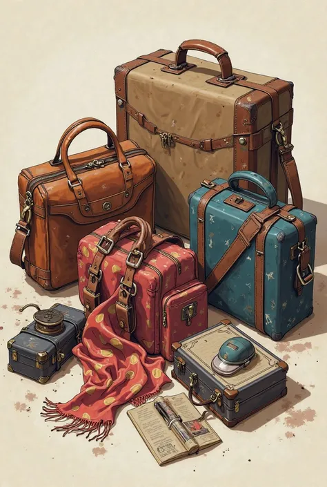 A detailed and enlarged drawing on a low table of a traveler's handbag and his brief case and a scarf on the handbag realistic a...
