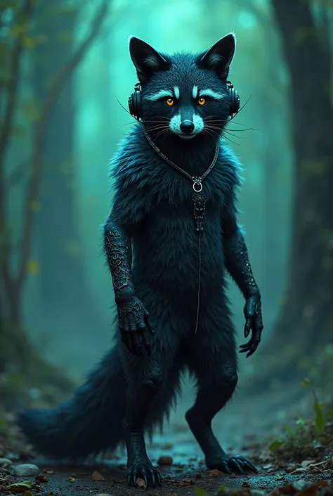 Make a fusion of a black raccoon, wolf and cat with headphones and a blue and black coat in a dark place with a green aura