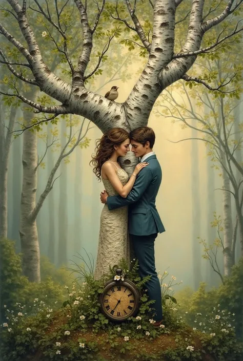 A romantic painted picture in the forest of two birch trees that hug each other and have an old little clock grown in between th...