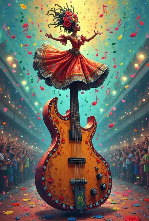 Create a colorful image of a Colombian folk dancer who is dancing on a staff that comes out of a bass guitar and the musical not...