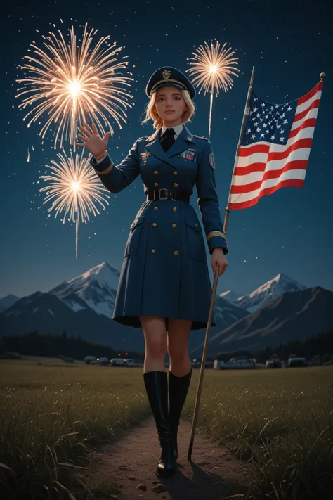The heronic Hisroric cenematic scene in 17th Century , An American Female Minuteman soldier wearing a combat Blue coat in 17th ...