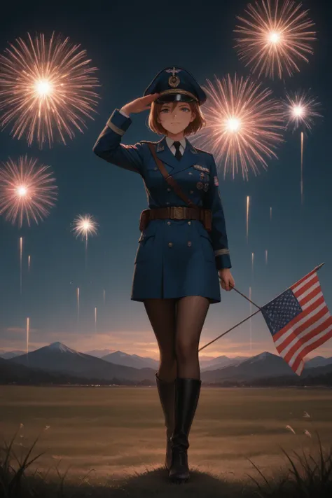 The heronic Hisroric cenematic scene in 17th Century , An American Female Minuteman soldier wearing a combat Blue coat in 17th ...