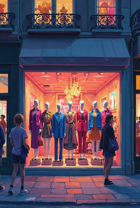 A drawing of a clothing store window