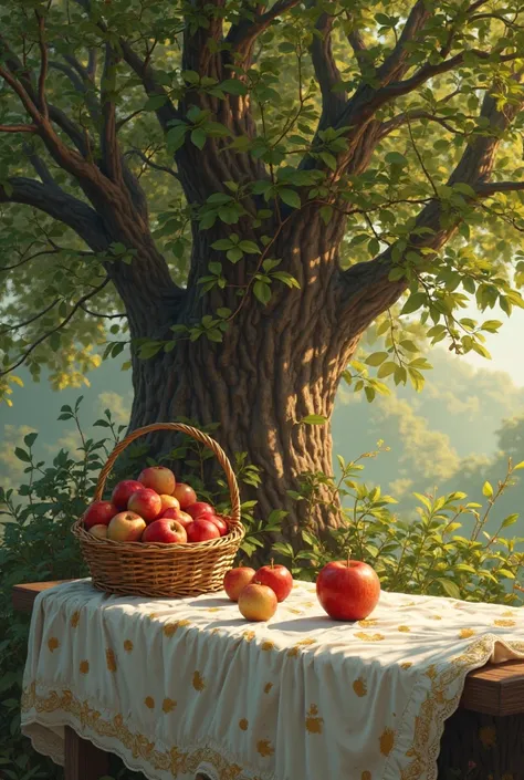 One afternoon there is a huge leafy tree and there you will find a table and above the Meza there is a basket full of large appl...