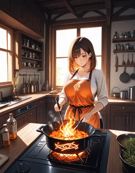 masterpiece, best quality, anime-style fantasy realism, middle-aged woman cooking in a cozy kitchen, a large old iron pot floati...