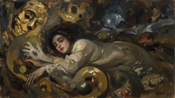dramatic chiaroscuro oil painting, a dreamscape of shifting masks and gears turning around a sleeping figure, a woman reaching o...