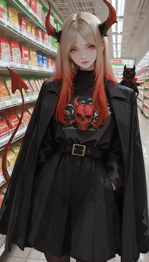 A Girl,Golden Long Hair,Red Tail, Gradient Hair Color ,Center parted bangs,Skin Whiteness,red and black devil horns。Wearing mod...
