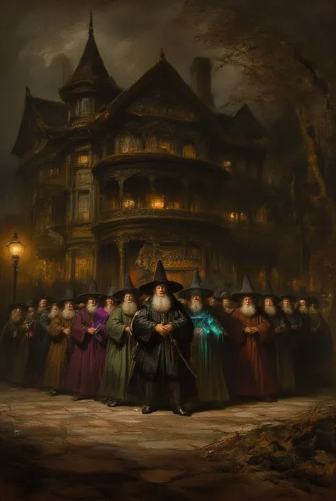 The old wizard forms a long, messy line up in front of an old large mansion in Scandinavia、Each old wizard has a different attir...