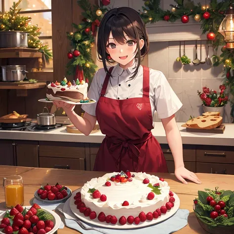 Tiny cheerful humanoid characters dressed as cooks stand on a kitchen table, joyfully decorating a large festive cake with icing...