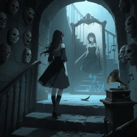 anime, eerie lighting and unsettling atmosphere, in the crypt beneath her ancestral manor, she discovers a mirror that doesn’t r...