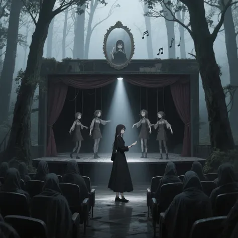 anime, eerie lighting and unsettling atmosphere, she finds an abandoned stage in the middle of the forest where the curtains par...