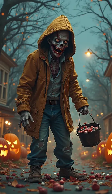 "Create a zombie character reanimated on Halloween night, dressed as a trick-or-treater. They're holding a candy bucket overflow...