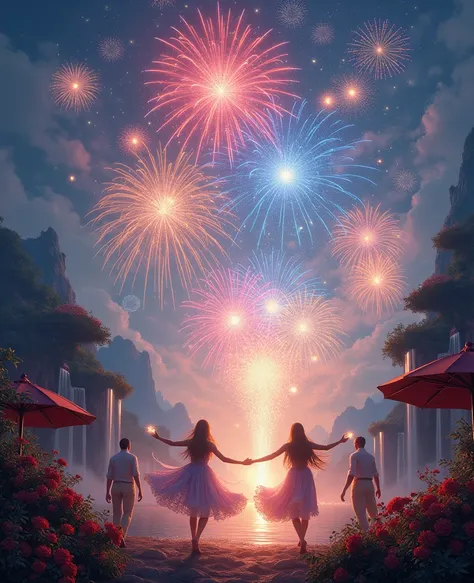 top quality, Super Fine, 8k, very detailed, 2.5d,  Scenery of a fireworks festival in Japan、fantasy world、Art, 公式Art