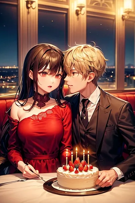 "A couple sitting in an elegant restaurant, sharing a strawberry cake. The man holds a spoon with a bite of cake and offers it t...