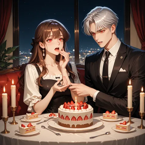 "A couple sitting in an elegant restaurant, sharing a strawberry cake. The man holds a spoon with a bite of cake and offers it t...