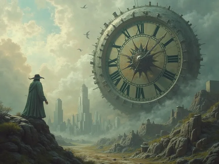 a timeline where everything passes with a clock in the center of the image and a city in the background