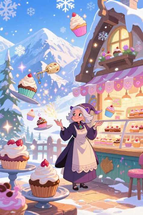 A retired enchantress runs a magical bakery in the mountains — cupcakes float, cream whisks itself, and sparkles fill the air. I...