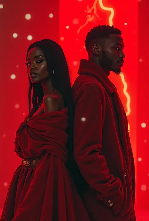 Full body black beautiful woman and handsome man wearing winter drip behind a red background with a tag written ANGELIC Pictures...