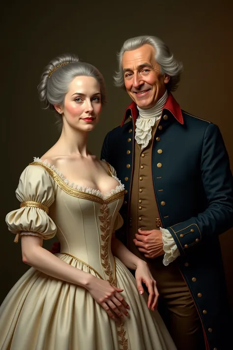 Realistic 18th-century portrait scene. In the foreground depicts a mature woman, dressed in a luxurious ivory dress with gold em...