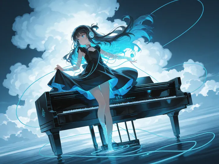 A young loli anime-style girl with striking blue eyes and long dark hair sits against a surreal backdrop of blue skies and water...