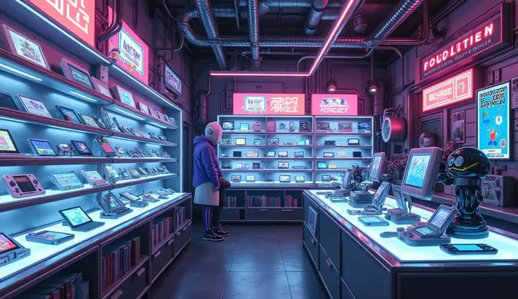 "A futuristic cyberpunk-style store filled with portable gaming consoles displayed on glowing shelves. The shop has a cozy but h...
