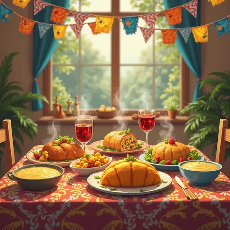 "Realistic illustration-style image of a June party table with typical foods such as pamonha, bolo de milho, Canjica and Quentão...