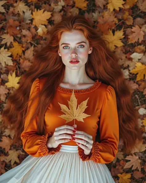 Beautiful woman European features very white skin with freckles very long hair reddish lasso reddish eyebrows green eyes perfect...