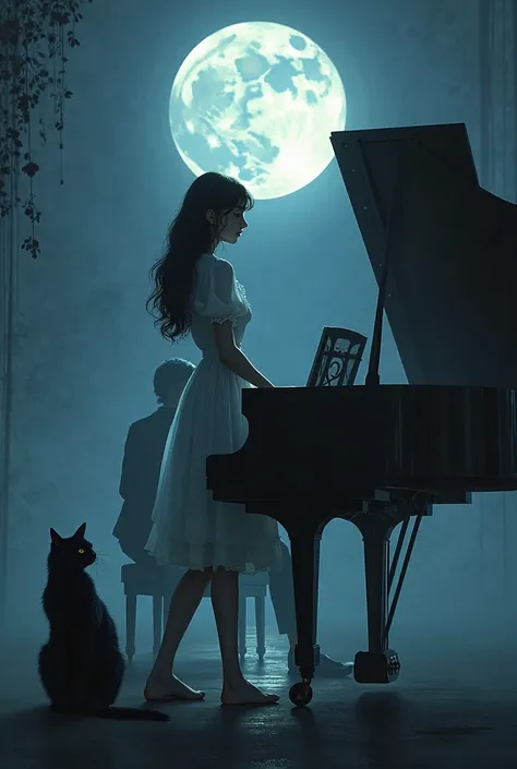 A tall 19-year-old girl,  seeing the moon , accompanied by a black cat and behind the shadow of a boy playing the piano 