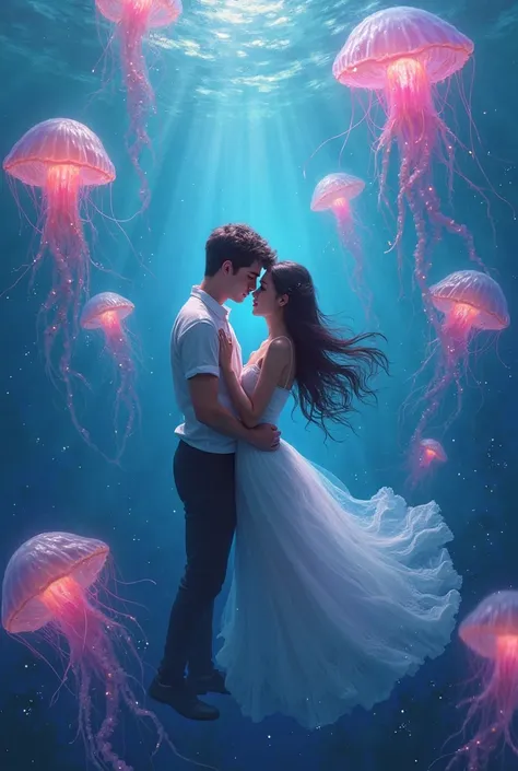 A couple under the sea with jellyfish 