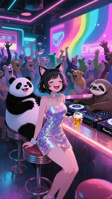 Cat ears、Moe girl、cute girl、wearing a glittery dress、Fashion Earrings,expressive and charming,inside the bar at night,The bar wa...