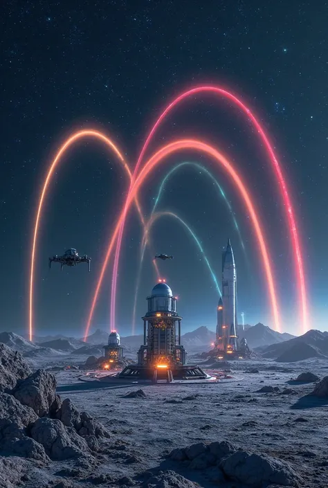 An advanced lunar base occupies the foreground, with fusion towers, solar panels and drones in motion. In the dark sky, colorful...