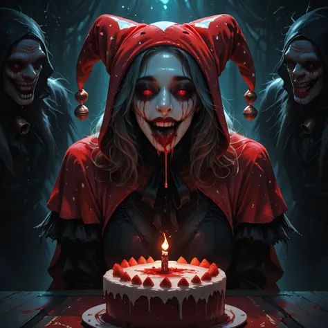 circus tent performers in background. Ultraphotographic ultrarealistic side view image dark, Rich deep teal tones. Menacing evil...