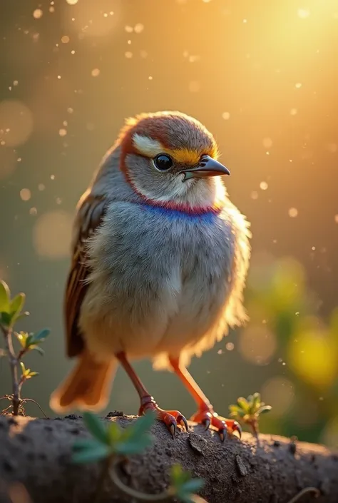A mesmerizing close-up portrait of a gorgeous little bird illuminated by the soft, golden light of a tranquil morning, with vibr...