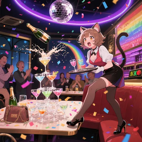 anime, comical timing and exaggerated reactions, during “fancy drink night,” the neko girl attempts to serve a glittering cockta...