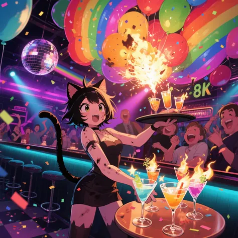 anime, comical timing and exaggerated reactions, the neko girl tries to invent a new flaming drink show, lighting several cockta...