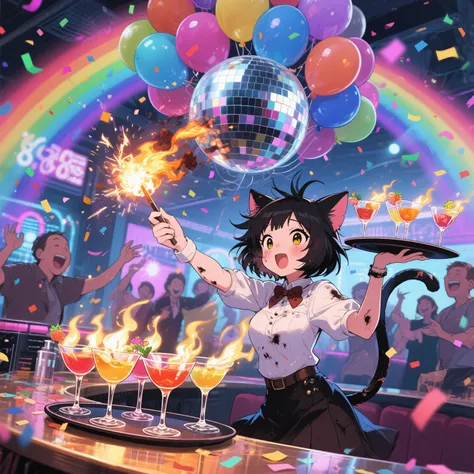 anime, comical timing and exaggerated reactions, the neko girl tries to invent a new flaming drink show, lighting several cockta...